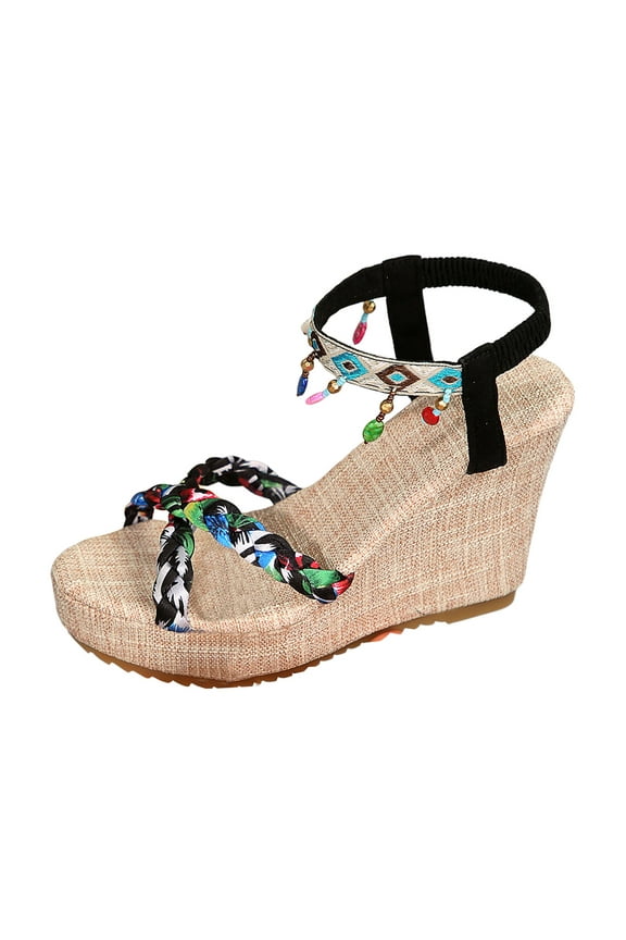 Women'S Platform Wedge Sandals with Braided Jute Rope Elastic Strap Boho Style High Heel Flower Open Toe Ankle Strap Black 40