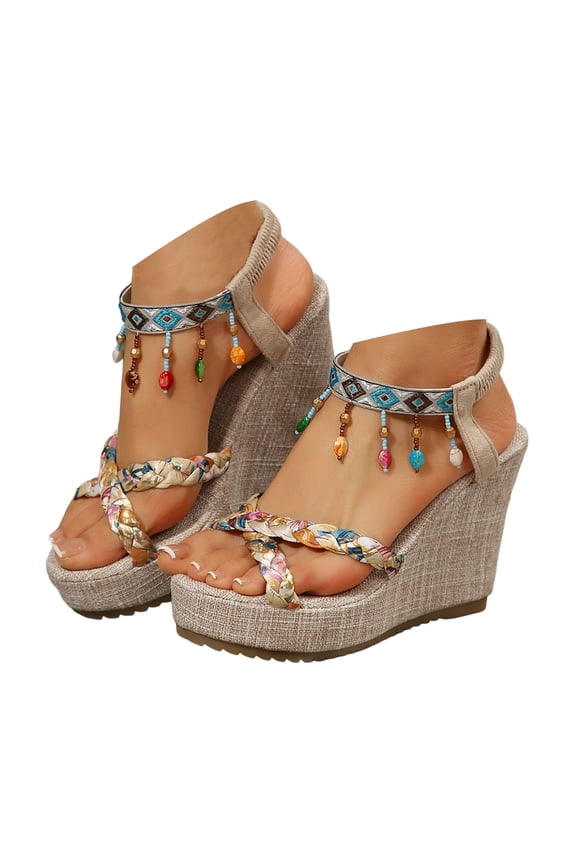 Women'S Platform Wedge Sandals with Braided Jute Rope Elastic Strap Boho Style High Heel Flower Open Toe Ankle Strap Khaki 41