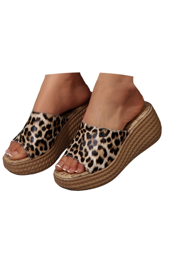 Women'S Platform Wedge Slides Sandals Trendy Casual Slippers One-Strap Buckle Peep Toe Open Heel Outdoors Leopard Print C 36