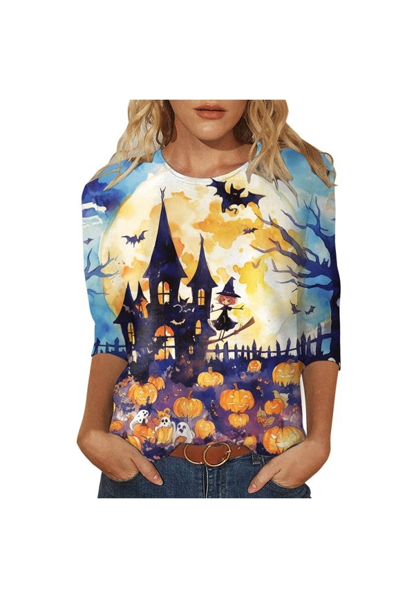 Women'S T-Shirts Tops 3/4 Sleeve Crew Neck Tee Top Halloween Bats Pumpkin Print Loose Fit Funny Casual Outdoors Beige XXL