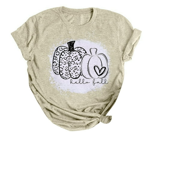 TANGQIOP Women'S T-Shirts Tops Halloween Funny Pumpkin Letter Short Cap Top Sleeve Crew Neck Tee Irregular Hem Loose Fit Khaki L