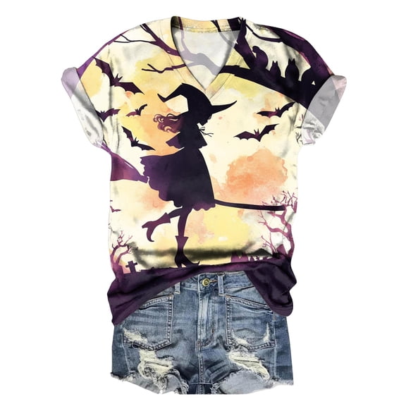 TANGQIOP Women'S T-Shirts Tops V-Neck Short Cap Sleeve Tee Top Halloween Witch Tree Skeleton Pumpkin Print Casual Funny Black M