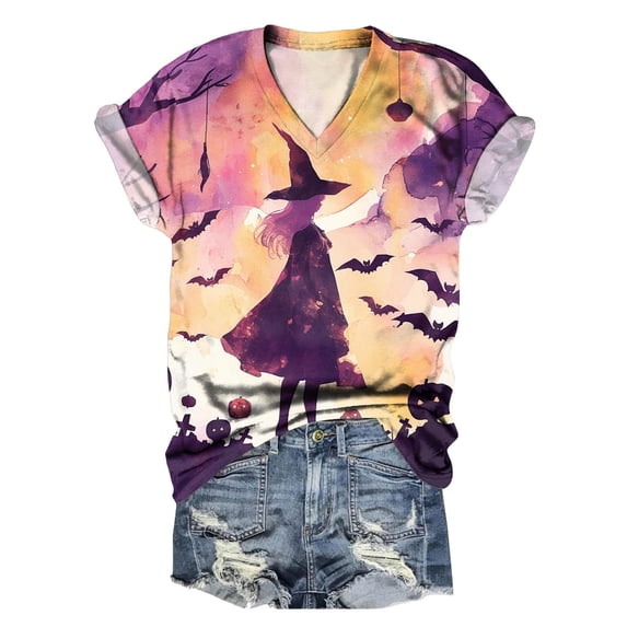 TANGQIOP Women'S T-Shirts Tops V-Neck Short Cap Sleeve Tee Top Halloween Witch Tree Skeleton Pumpkin Print Casual Funny Dark Purple XXL