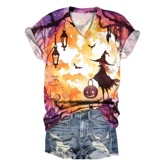 TANGQIOP Women'S T-Shirts Tops V-Neck Short Cap Sleeve Tee Top Halloween Witch Tree Skeleton Pumpkin Print Casual Funny Orange M