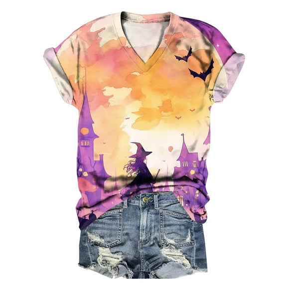 TANGQIOP Women'S T-Shirts Tops V-Neck Short Cap Sleeve Tee Top Halloween Witch Tree Skeleton Pumpkin Print Casual Funny Yellow L