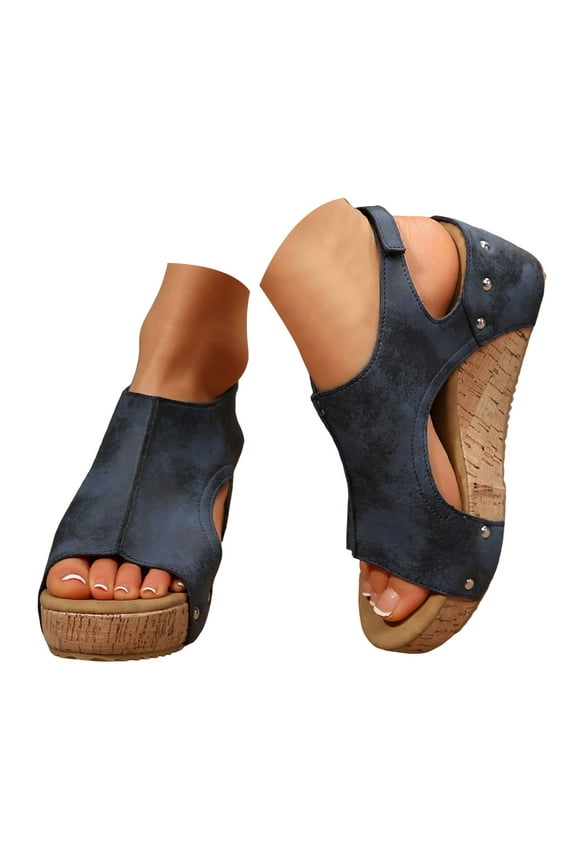 Women'S Wedge Heel Sandals Peep Toe Bohemian Style Vintage Solid Faux Suede Platform Shoes Holiday Party Outdoors Navy 41