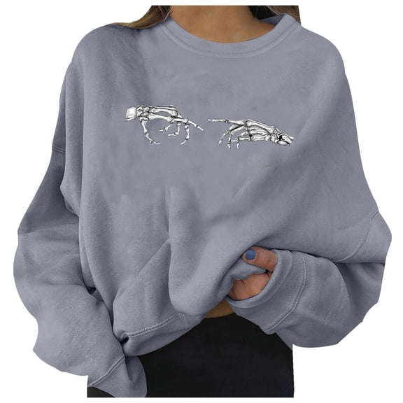 TANGQIOP Women Sweatshirts Tops with Crew Neck Long Sleeve Hoodless Elasticized Hem Solid Halloween Skeleton Hand Print Funny Grey L