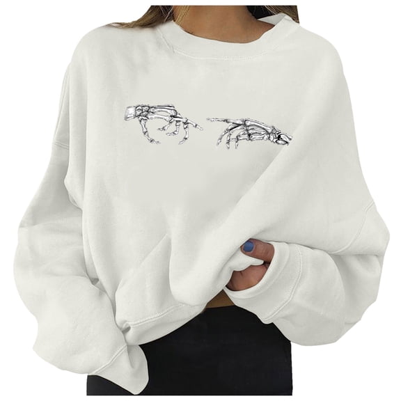 TANGQIOP Women Sweatshirts Tops with Crew Neck Long Sleeve Hoodless Elasticized Hem Solid Halloween Skeleton Hand Print Funny White XL