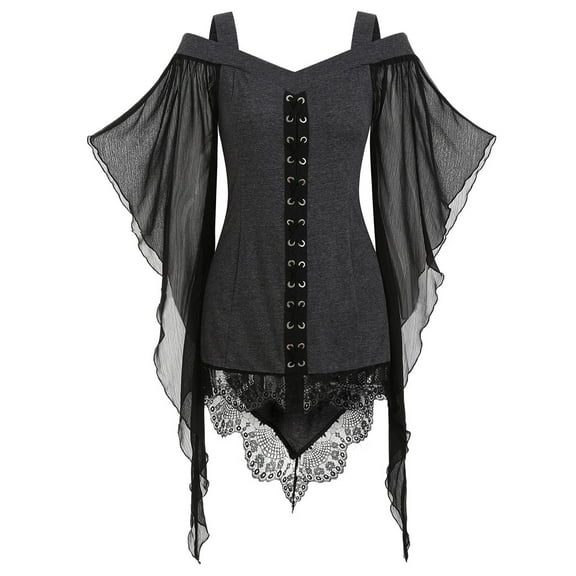 TANGQIOP Women T-Shirts Tops with Mesh Eyelet Lace Panel Halloween Witch Gothic Solid Color Flutter Sleeve Longline Front Strappy Dark Gray L