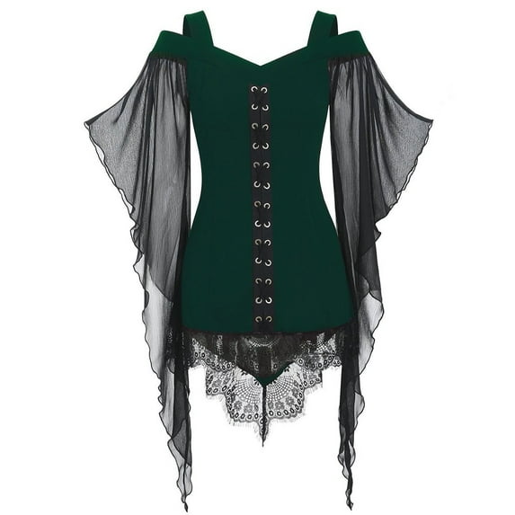 TANGQIOP Women T-Shirts Tops with Mesh Eyelet Lace Panel Halloween Witch Gothic Solid Color Flutter Sleeve Longline Front Strappy Green XXL