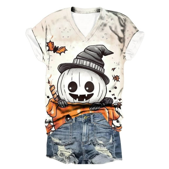 TANGQIOP Women T-Shirts Tops with V-Neck Short Cap Sleeve Tee Top Halloween Skeleton Cat Bat Pumpkin Print Funny Casual Beige XXXXXL
