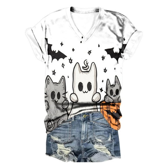 TANGQIOP Women T-Shirts Tops with V-Neck Short Cap Sleeve Tee Top Halloween Skeleton Cat Bat Pumpkin Print Funny Casual Grey S
