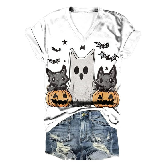 TANGQIOP Women T-Shirts Tops with V-Neck Short Cap Sleeve Tee Top Halloween Skeleton Cat Bat Pumpkin Print Funny Casual Light Gray XXXXXL