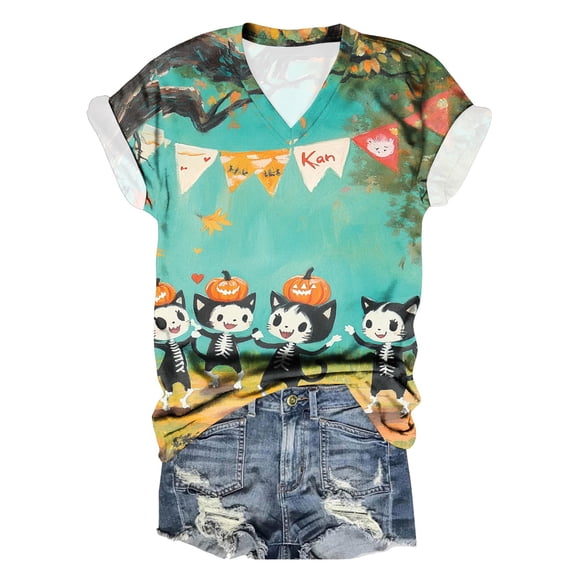 TANGQIOP Women T-Shirts Tops with V-Neck Short Cap Sleeve Tee Top Halloween Skeleton Cat Bat Pumpkin Print Funny Casual Mint Green XXL