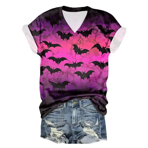 TANGQIOP Women T-Shirts Tops with V-Neck Short Cap Sleeve Tee Top Halloween Skeleton Cat Bat Pumpkin Print Funny Casual Purple XL