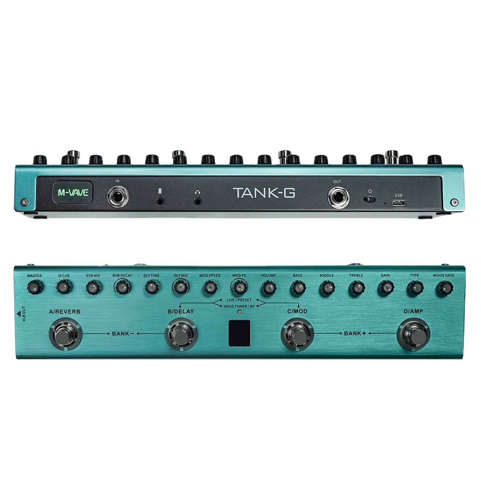 TANK-G Multi-effects Guitar Pedal, 36 Presets, Rechargeable Battery, Delay, Reverb, Modulation, Preamp, Darkgreen