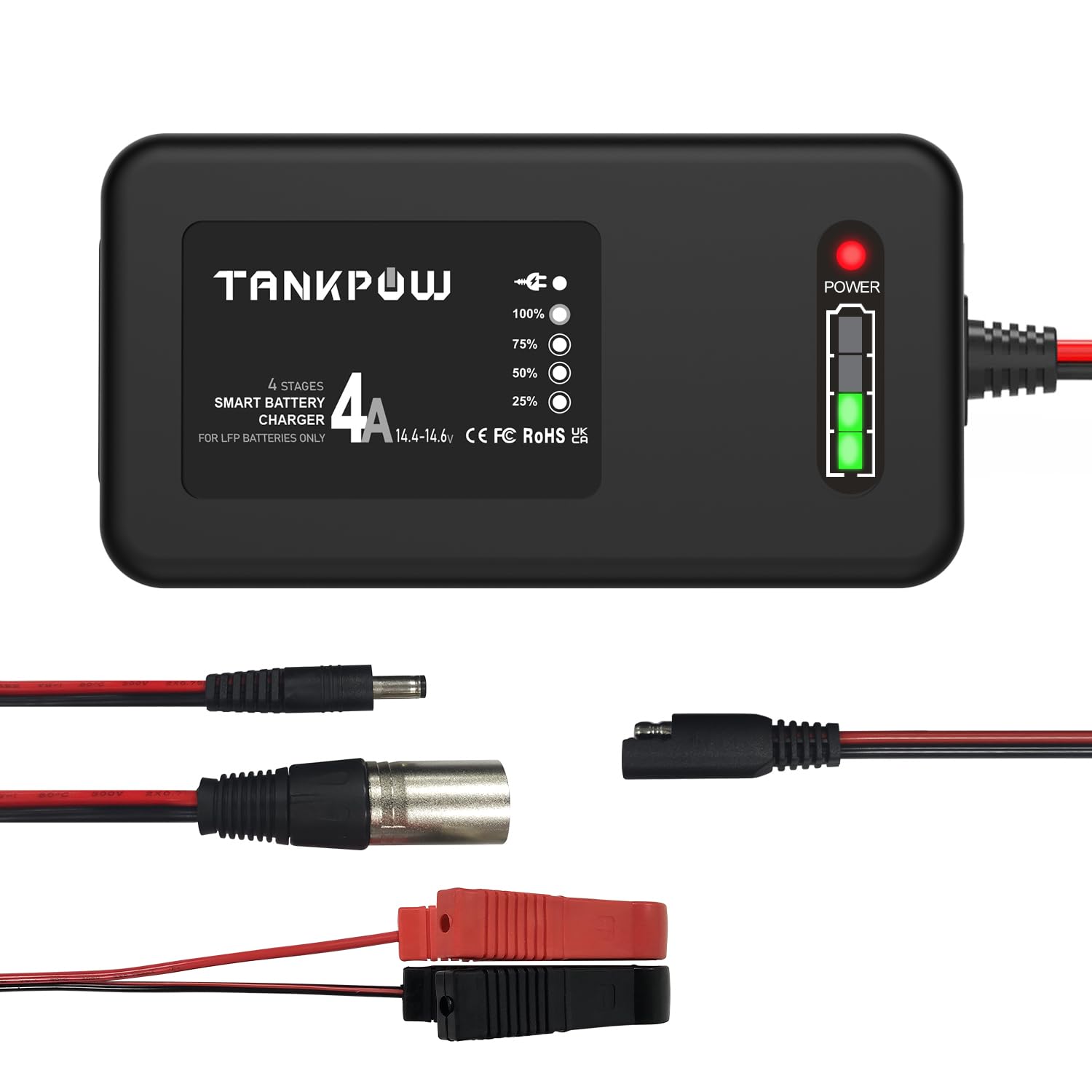 TANKPOW 4-Amp LiFePO4 Battery Charger,14.6 Volt Lithium Battery Charger,Smart Charger for Cars,Motorcycles,Lawn Mowers,Toy Cars,Golf Carts,UAV,Fishing Boat,Lithium and Deep Cycle Batteries C105