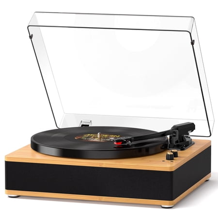 TANLANIN 3-Speed Bluetooth Record Player with Built-in Speakers, Full-Size Turntable, Auto Stop, Brown