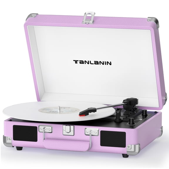 TANLANIN Purple Vinyl Record Player, 3-Speed Bluetooth Suitcase Turntable with Built-in Stereo Speakers, USB Recording, Belt-Drive LP Player with RCA, AUX-in, Headphone Jack & Auto-Stop
