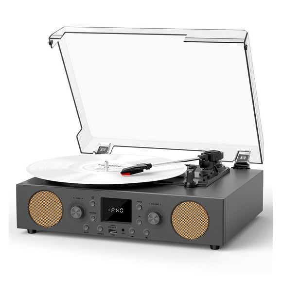 TANLANIN Record Player 3-Speed Belt-Driven Turntable with Built-in Speakers, FM Radio, Bluetooth, RCA Line Out, AUX in, USB Recording & Auto Stop - Gray