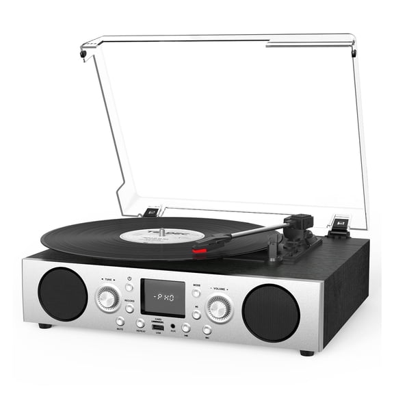 TANLANIN Record Player with Built-in Speakers, Belt-Driven Turntable Support 3-Speed, FM Radio and Bluetooth Receiving, RCA Line Out & AUX in, USB Recording and Auto Stop, Silver Black