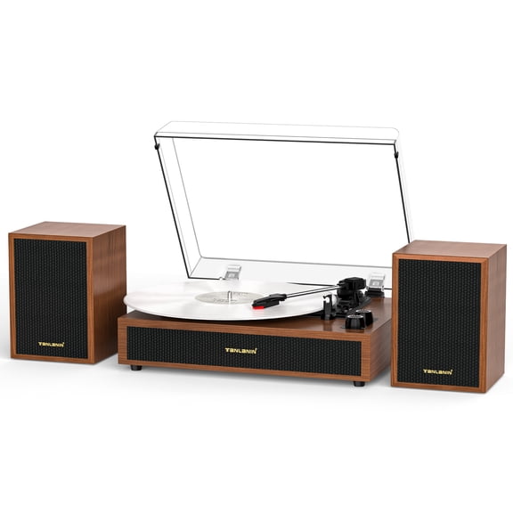 TANLANIN Heritage Walnut Record Player with External Speakers, 3-Speed