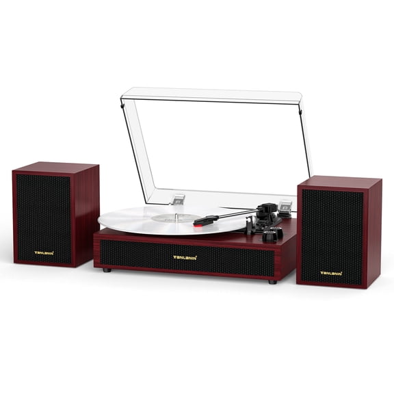 TANLANIN Red Burl Wood Record Player with External Speakers, 3-Speed