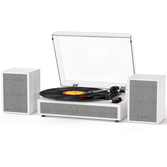 TANLANIN White Bluetooth Record Player with External Speakers, 3-Speed