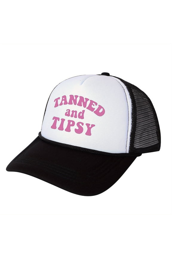 "TANNED AND TIPSY" Letter Embroidered Patchwork Trucker Hat | Adjustable Unisex Snapback, Beach Vacation Travel Essential Cap