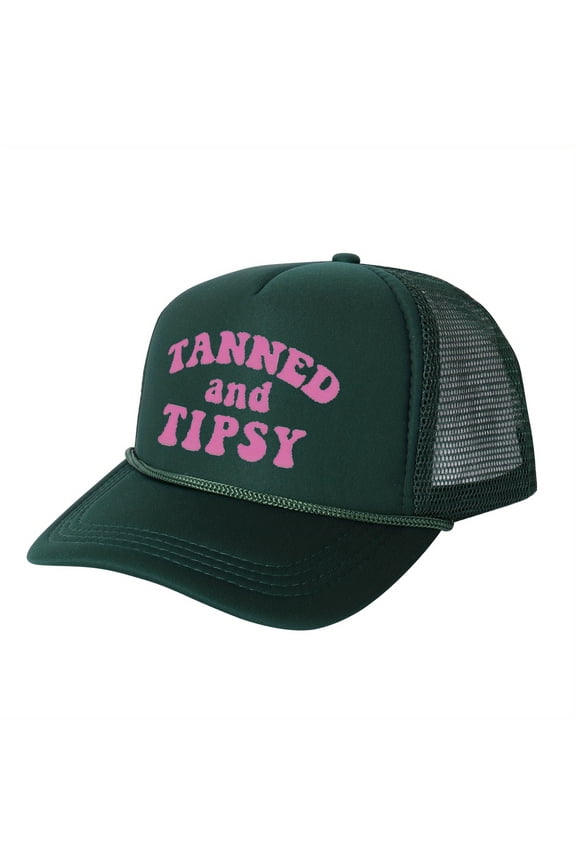 "TANNED AND TIPSY" Letter Embroidered Patchwork Trucker Hat | Adjustable Unisex Snapback, Beach Vacation Travel Essential Cap