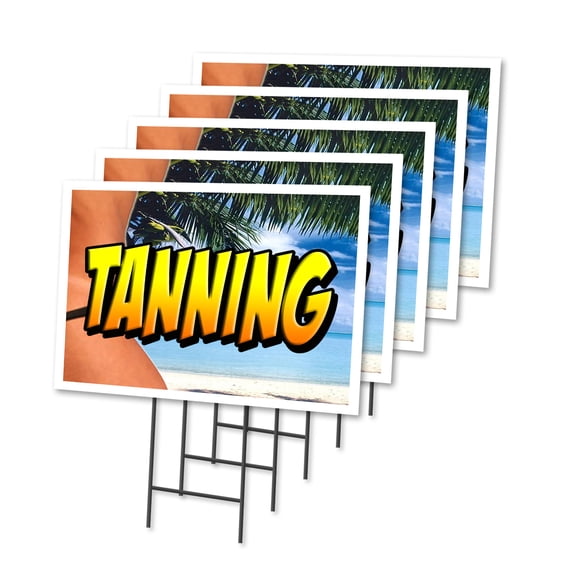 TANNING 5 Pack Of 12" x 16" Yard Sign & Stake | Advertise Your Business | Stake Included Image On Front Only | Made in The USA