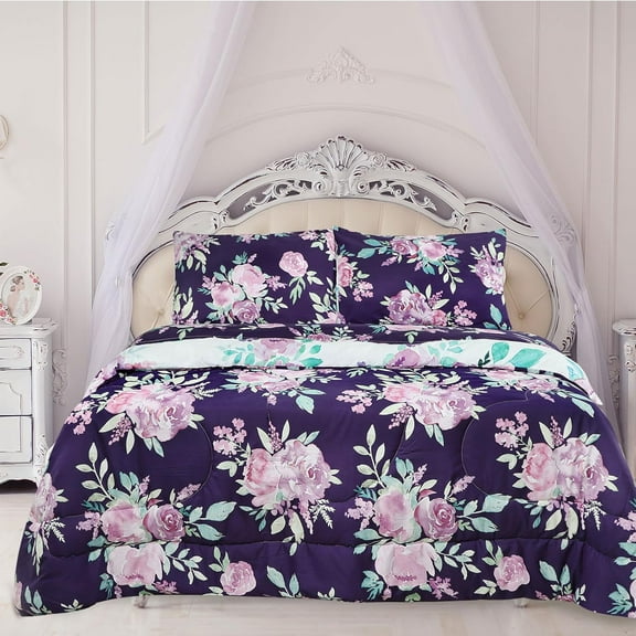 TANOFAR Kids Twin Bedding Sets for Girls, 5 Pieces Reversible Twin Comforter Set, Soft & Comfortable Microfiber Bed in a Bag Set Includes Comforter, Fitted Sheet, Pillowcases & Flat Sheet (Purple Flo
