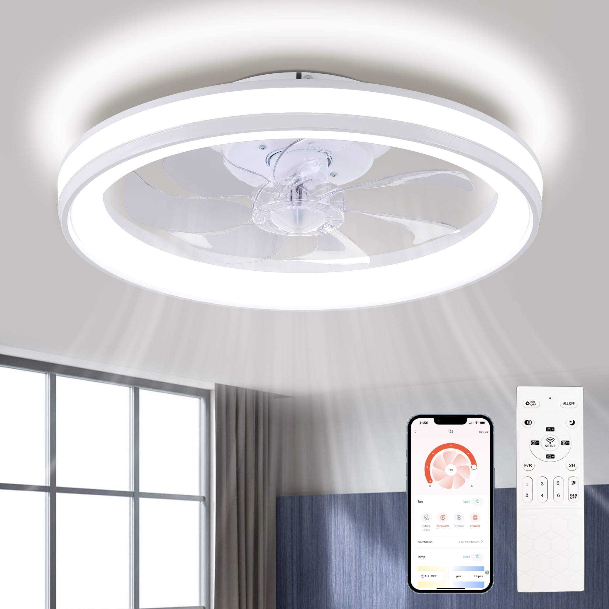 AGTANA 20'' Bladeless Ceiling Fans with Lights, Remote & APP Control, 3 Colors Dimmable, 6-Speeds