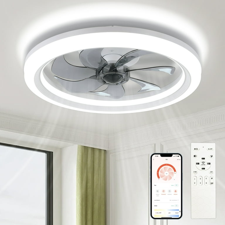 TANOXO 20'' Bladeless Ceiling Fan, Dimmable LED Light, 6 Speeds