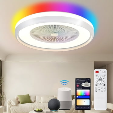 TANOXO 24" Ceiling Fans with Lights, with 3 Colors Dimmable and RGB Back Ambient Light, Work with Voice/APP/Remote Control, 6 Speed Smart Bladeless Flush Mount Ceiling Fans