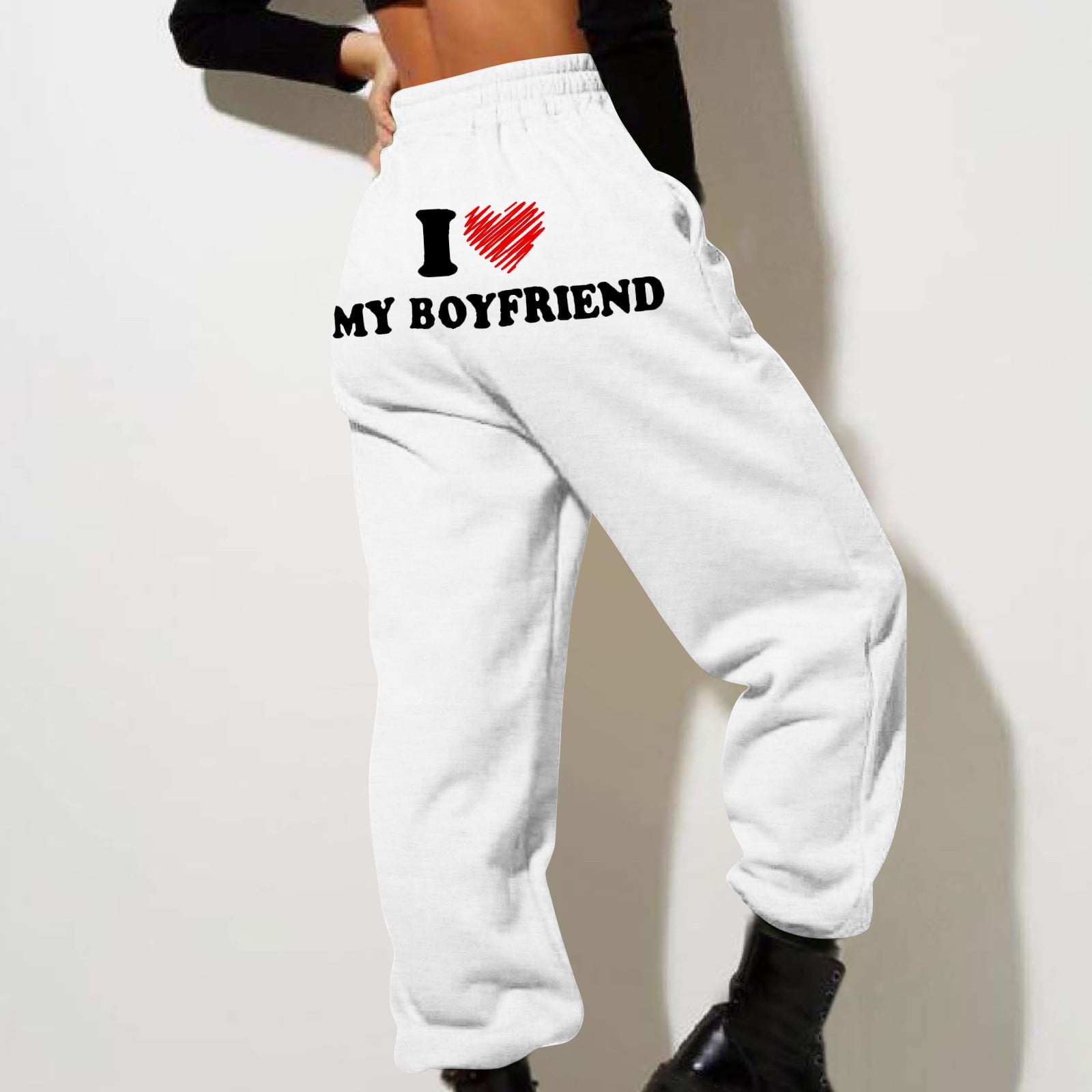 TANQIKE I Love My Boyfriend Sweatpants Baggy High Waist Cinch Bottom Straight Leg Workout Trousers Funny Letter Print Jogger Pants with Pockets