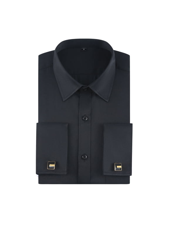 Men's French Cuff Shirt Formal Pleated Long Sleeve Dress Shirt with Cufflinks