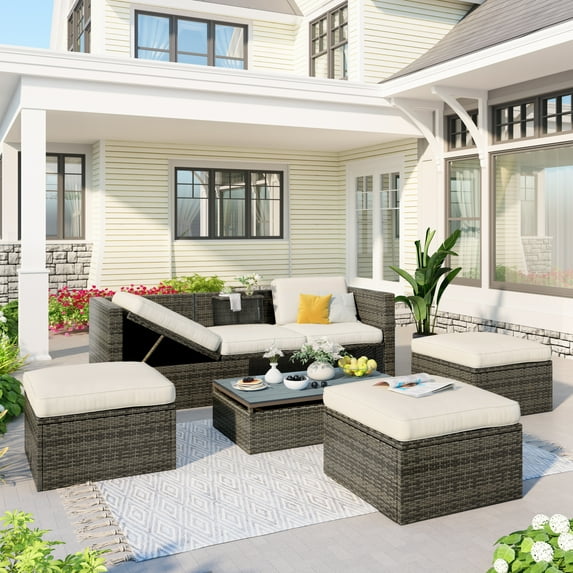 TANSTC Gray 5-Piece Wicker Outdoor Sectional Set with Beige Cushions and Lift Top Coffee Table,Adustable Backrest, Cushions, Ottomans