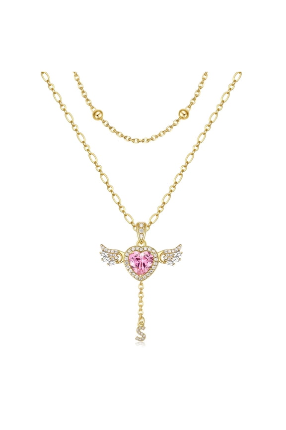 Letter Heart Necklace for Women Angel Wings Necklace 14K Gold Plated Name Initial Layered Necklace Zirconia Pendant Love Symbol Necklace Jewelry Gifts for Women-S C113