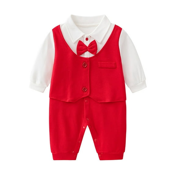TANYSU Baby Boys Gentleman Romper Jumpsuit Long Sleeve Bowtie Outfits Sets Formal Wear Tuxedo Suit Child Solid Color Leisure Classic Stylish Baby Wear