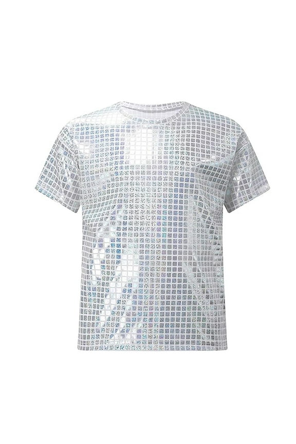 Boys Graphic T-Shirt O-Neck Tshirts Tee Square Sequins Plaid Shiny Short Sleeve Tops For Casual Outdoor Sports Performance Outfits Sets 2-19 Years Child