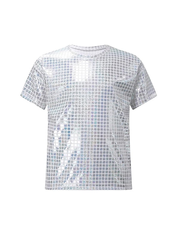 Boys Graphic T-Shirt O-Neck Tshirts Tee Square Sequins Plaid Shiny Short Sleeve Tops For Casual Outdoor Sports Performance Outfits Sets 2-19 Years Child