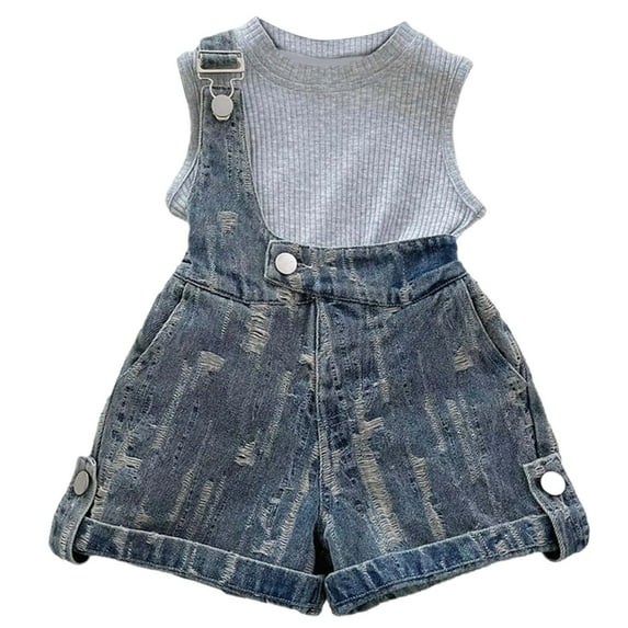 TANYSU Girls Outfits Sets (2-12 Years Old) Casual Sports Vest Tops With Drawstring Denim Shorts Comfortable Summer Sets For Children Daily Wear Solid Color