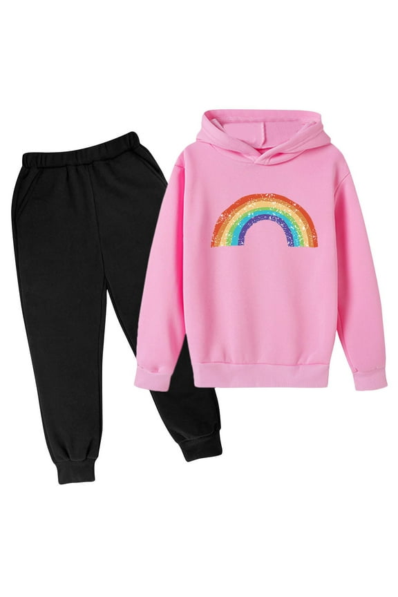 Kids 2PCS Outfits Sets Sweatshirt Tops Hoodie Trousers Pant Sets For Teen Girls Long Sleeve Rainbow Color Sweatsuits Tracksuits Oversized Hoodie And Sweatpants Sets Child Activewear
