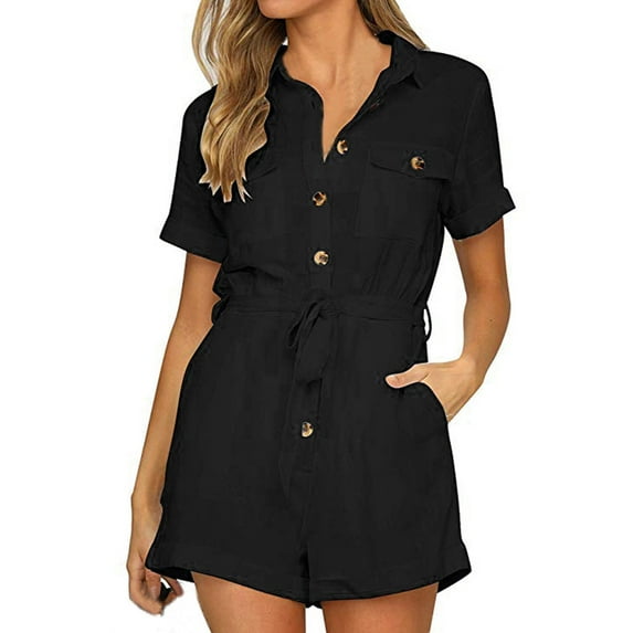 TANYSU Solid Color Women Casual Button Down Short Sleeve Casual Boho Playsuit Jumpsuit Relaxed Fit Dailywear XXL