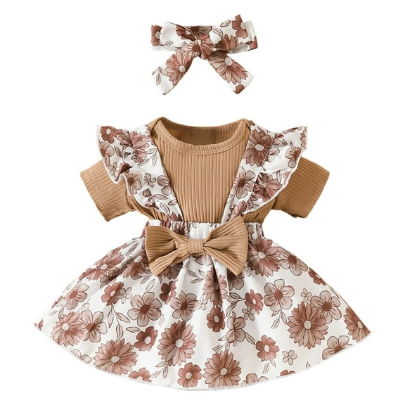 TANYSU Summer Girls Dresses Infants Floral Lace Baby Dress With Frills Short Sleeved Shirt Play Suit Headscarf 3PCS Set Child Solid Color