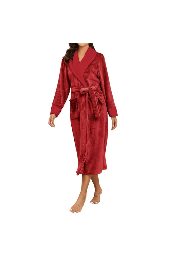 Women Fall/winter V Neck Solid Color Flannel Long Nightgown Robe Sleepwear Soft Loungewear L