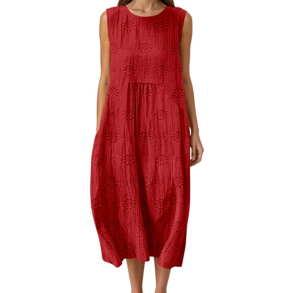 TANYSU Women's Casual Dress Flowy Summer Long Dresses Sleeveless O-Neck Flower Solid Color Elegant Comfortable Daily Wear Loose Fit Fashionable Trendy Sundress Versatile