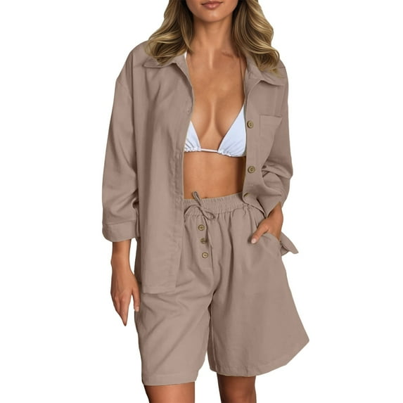 TANYSU Women's Casual Long Sleeve Shirt And Shorts Sets Loose Fit Summer Outfits Basic Solid Color Button Blouse Shorts Two Piece Outfits For Daily Wear Fashionable