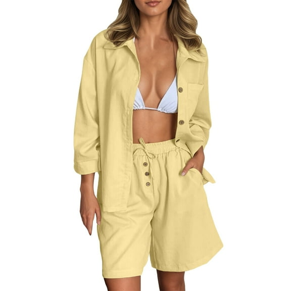 TANYSU Women's Casual Long Sleeve Shirt And Shorts Sets Loose Fit Summer Outfits Basic Solid Color Button Blouse Shorts Two Piece Outfits For Daily Wear Leisure